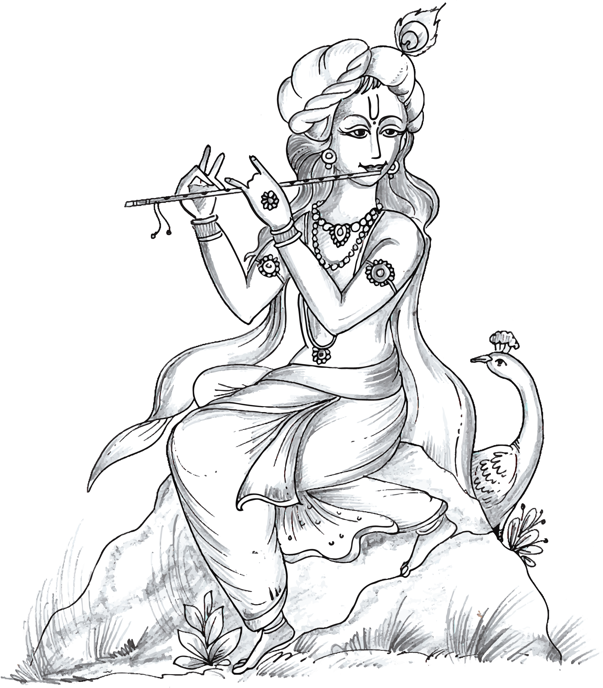 Line drawing of Krishna playing the flute, seated on a rock with a peacock